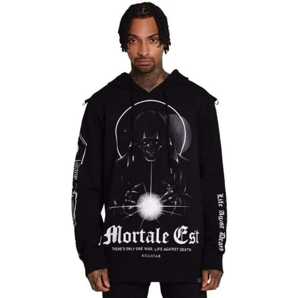 Killstar ✦ Mortale Hoodie ✦ XS Unisex Black Cotton Pullover Graphic Sleeves NWT